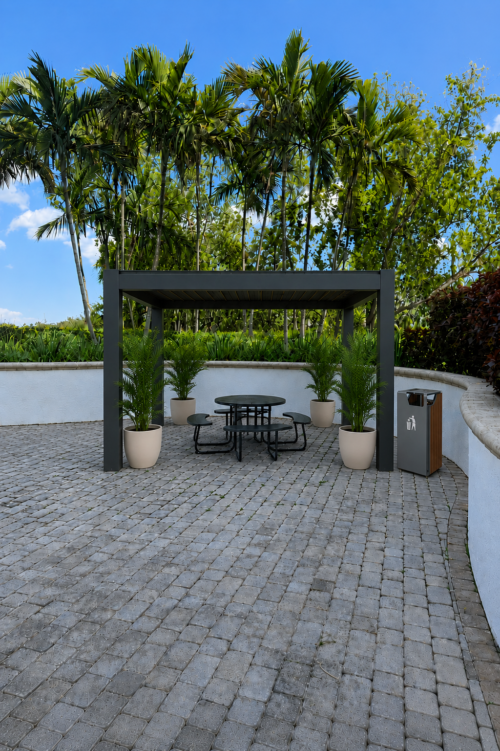 Rendering of the 4th-floor patio with the new pergola, four potted palms, and the new dark-anthracite wood-slat bin in place to the right of the patio.